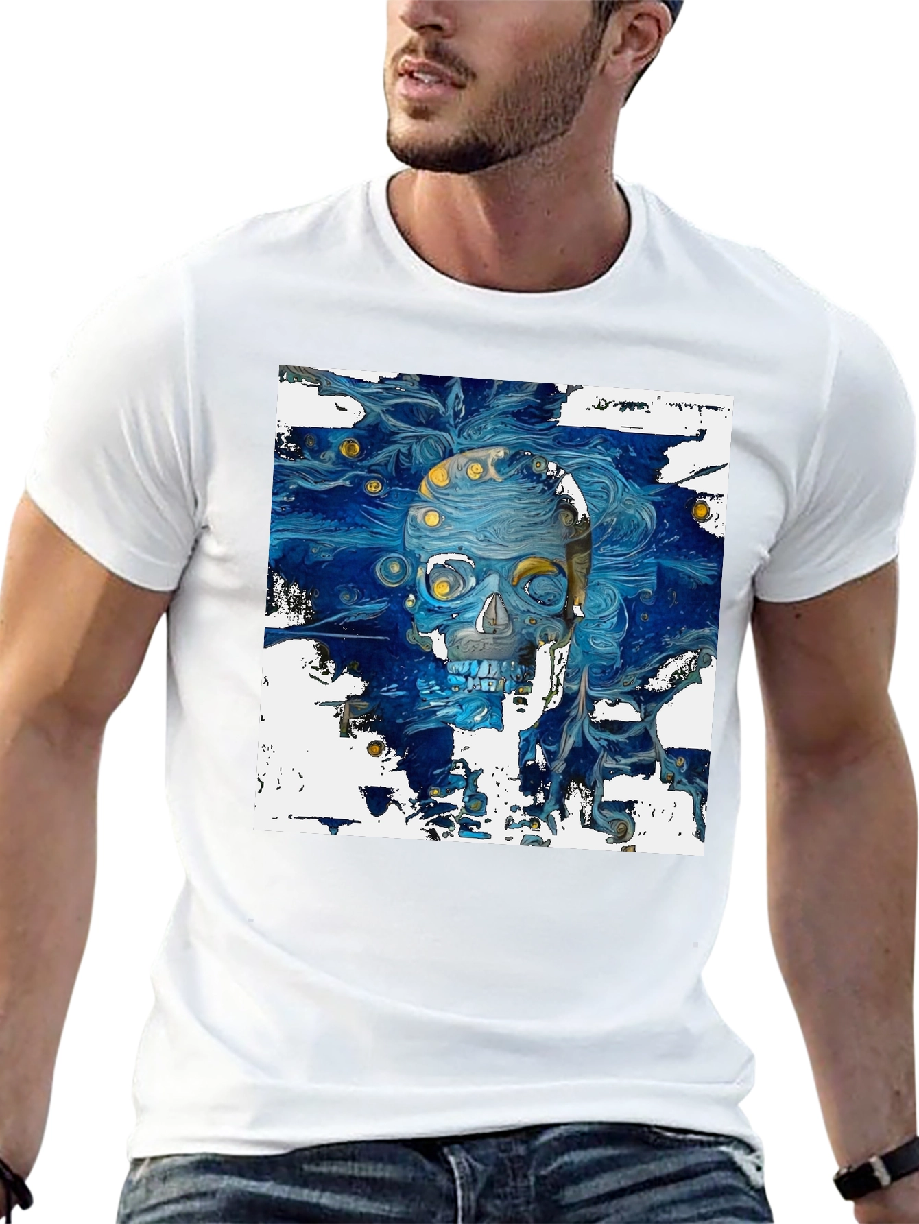 Artistic Skull Graphic T-Shirt - Dark Blue Print