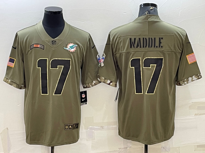 Men's Miami Dolphins Jaylen Waddle #17 Olive 2022 Salute To Service Limited Jerseys
