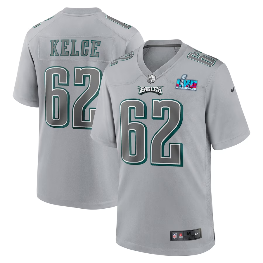 Men's Philadelphia Eagles Jason Kelce #62 Gray Super Bowl LVII Patch Atmosphere Fashion Game Jerseys