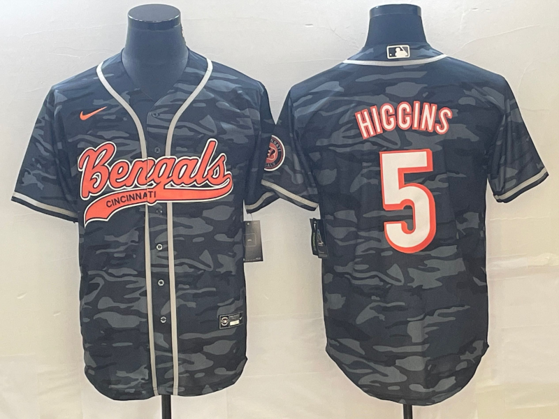 Men's Cincinnati Bengals Tee Higgins #5 Grey Camouflage Fashion Game Jerseys