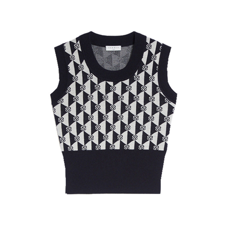 Stylish Apparel Diamond Jacquard Letter Geometric Vest V