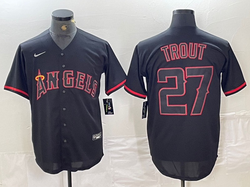 Men's Los Angeles Angels Mike Trout #27 MLB Black Sewn Baseball Jerseys