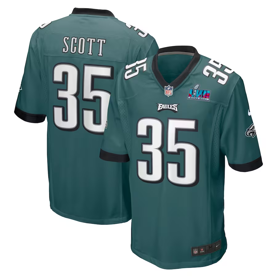Men's Philadelphia Eagles Boston Scott #35 Midnight Green Super Bowl LVII Patch Game Jerseys