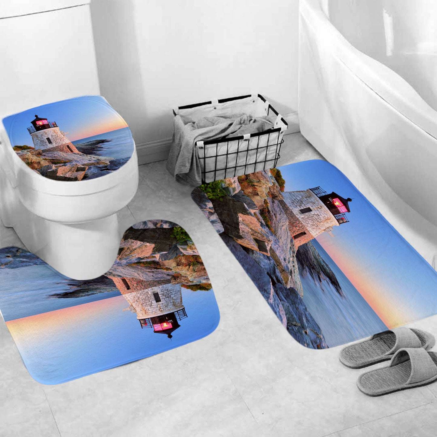 Lighthouse Shower Curtain & Mat Set – Waterproof Bathroom