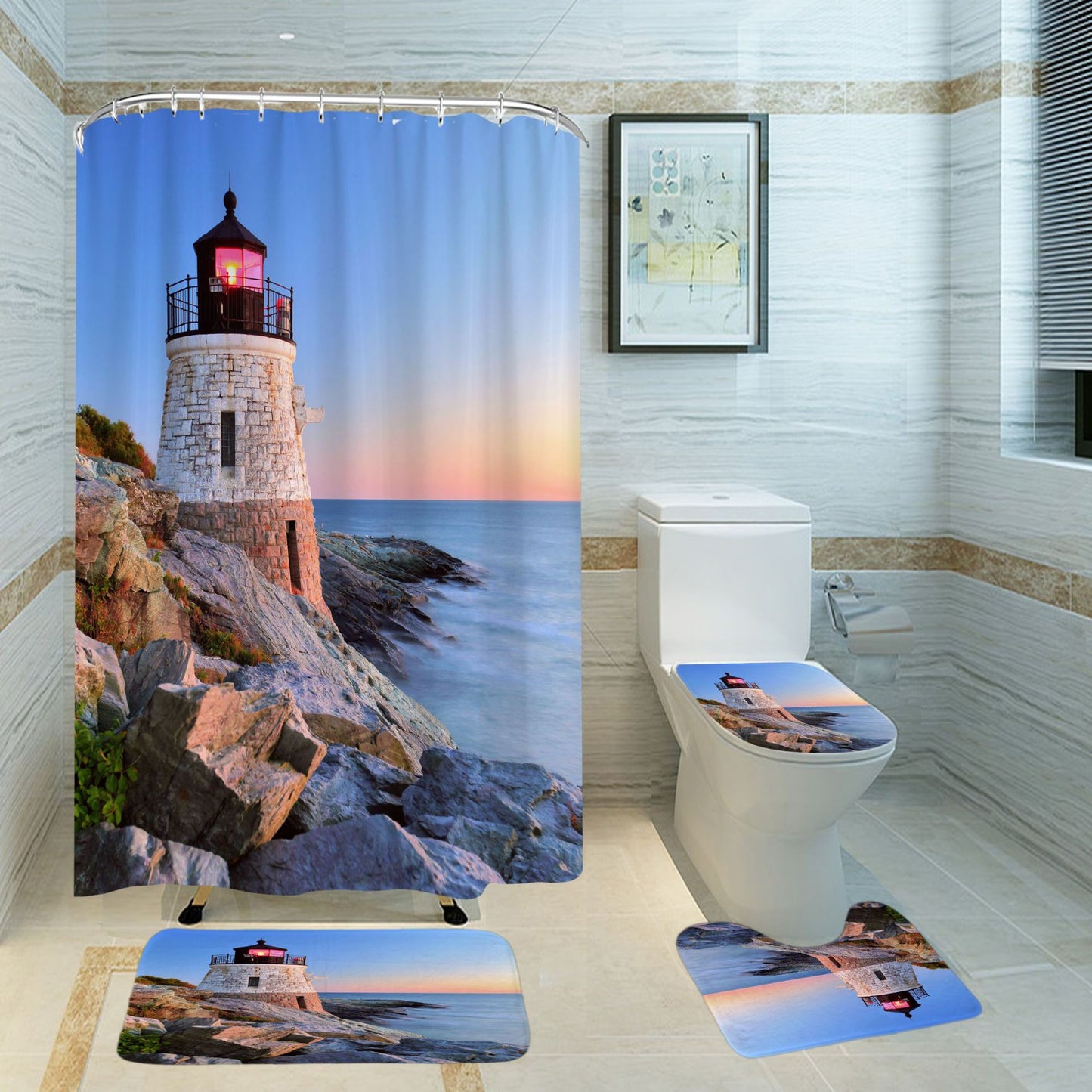 Lighthouse Shower Curtain & Mat Set – Waterproof Bathroom