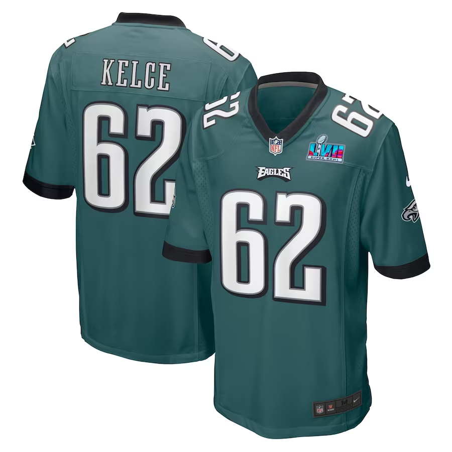 Men's Philadelphia Eagles Jason Kelce #62 Midnight Green Super Bowl LVII Patch Game Jerseys