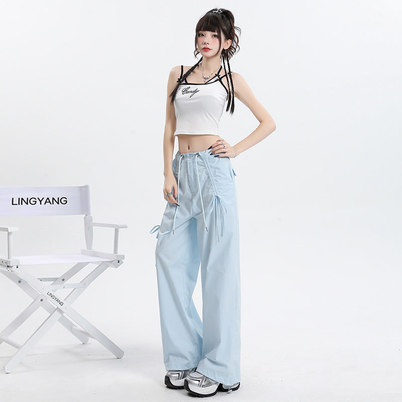 Trendy Pants Straight Cargo Pants Women Bow Drawstrin
