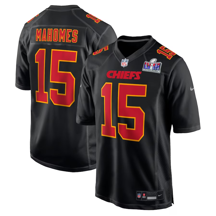 Men's Kansas City Chiefs Patrick Mahomes #15 Black Super Bowl LVIII Carbon Fashion Game Player Jerseys