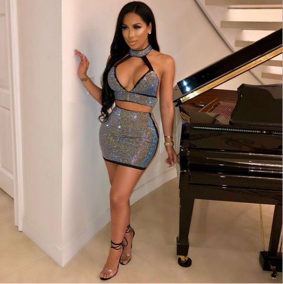 Fashionable Dress Women Diamonds Two Piece Set Dress