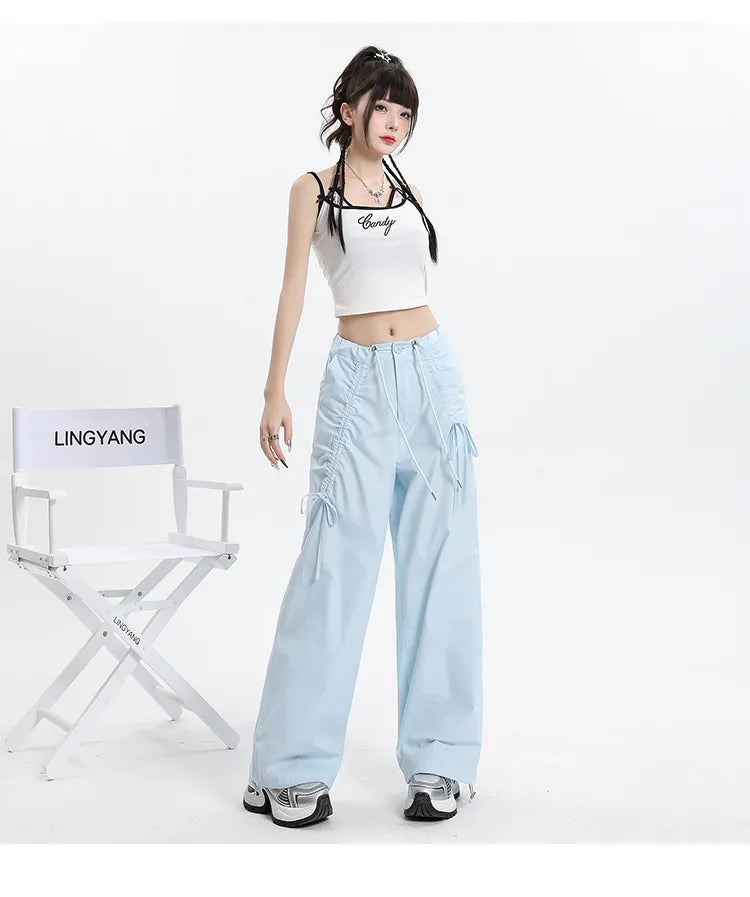 Trendy Pants Straight Cargo Pants Women Bow Drawstrin