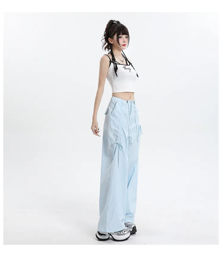 Trendy Pants Straight Cargo Pants Women Bow Drawstrin