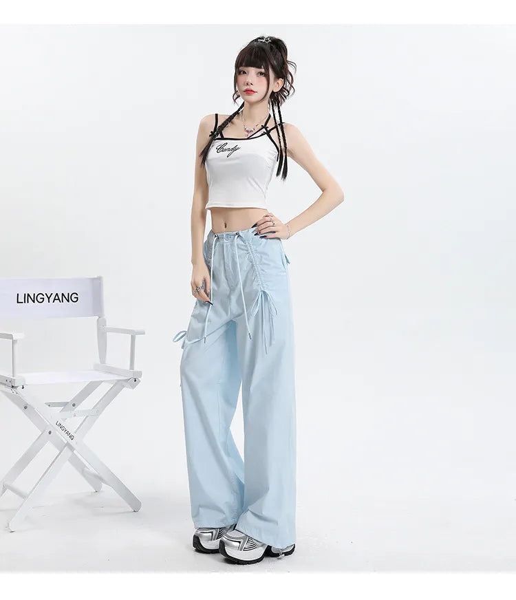 Trendy Pants Straight Cargo Pants Women Bow Drawstrin