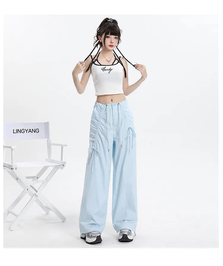 Trendy Pants Straight Cargo Pants Women Bow Drawstrin
