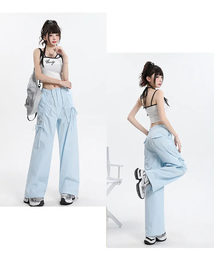 Trendy Pants Straight Cargo Pants Women Bow Drawstrin