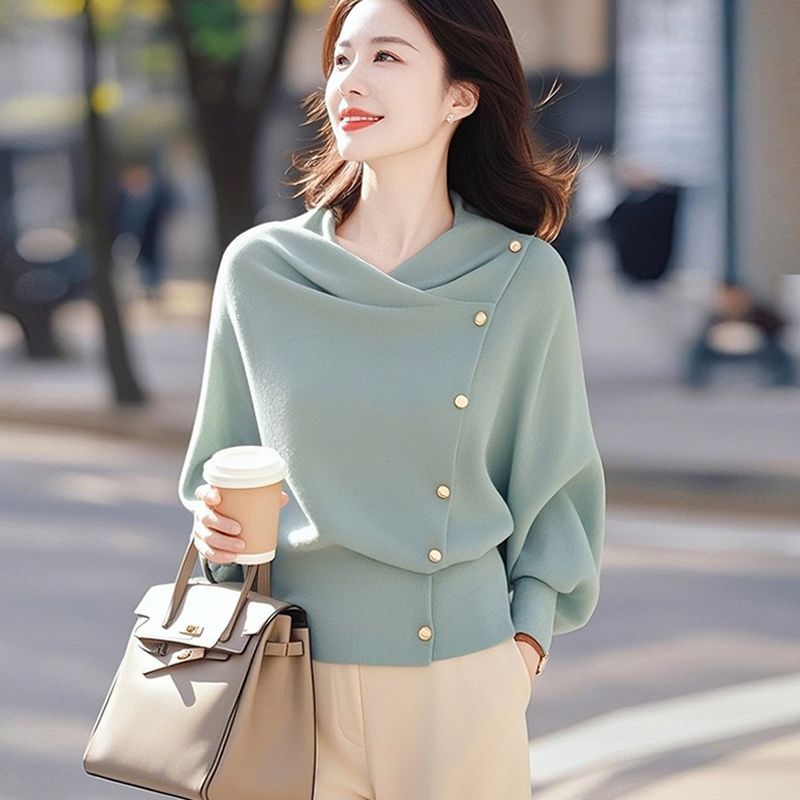 Cute Knit Top Women Swing Collar Button Front Knit Top