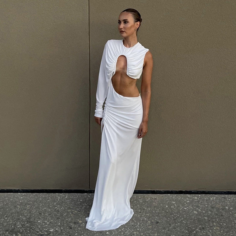 Fashionable Solid Dress Pleated Solid Color Maxi Dress Women