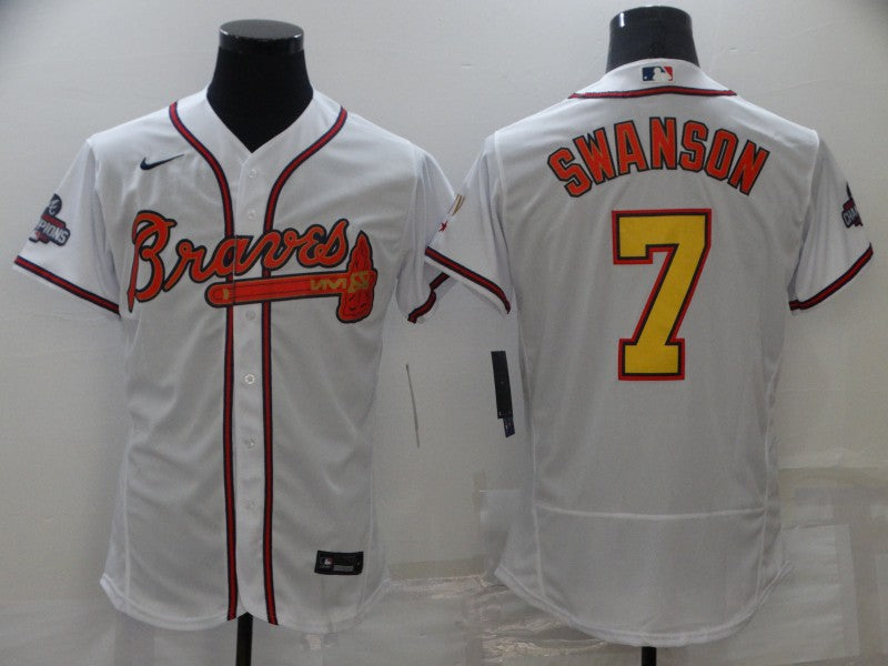 Men's Atlanta Braves Dansby Swanson #7 White Replica Jerseys Champion Edition