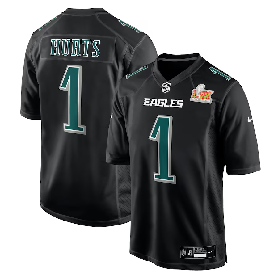 Men's Philadelphia Eagles Jalen Hurts #1 Carbon Black Super Bowl LIX Fashion Game Player Jerseys