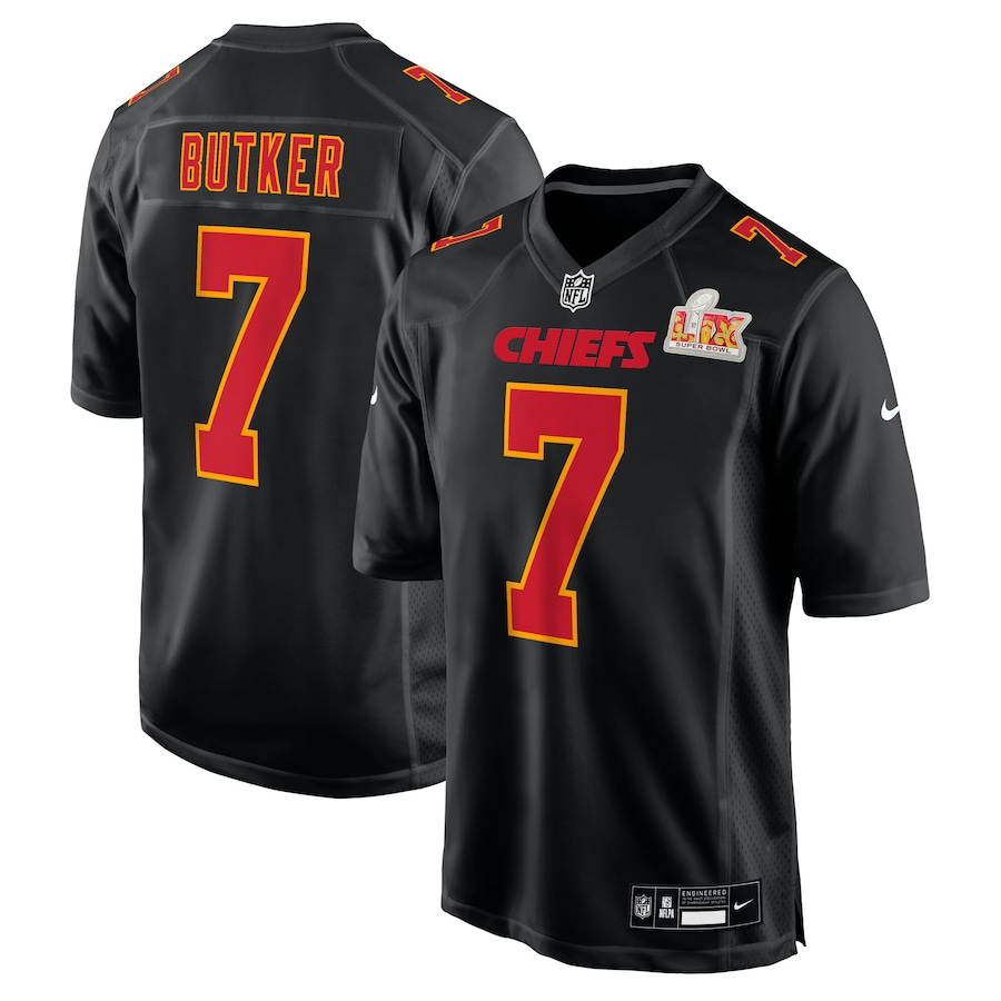 Men's Kansas City Chiefs Harrison Butker #7 Carbon Black Super Bowl LIX Fashion Game Jerseys