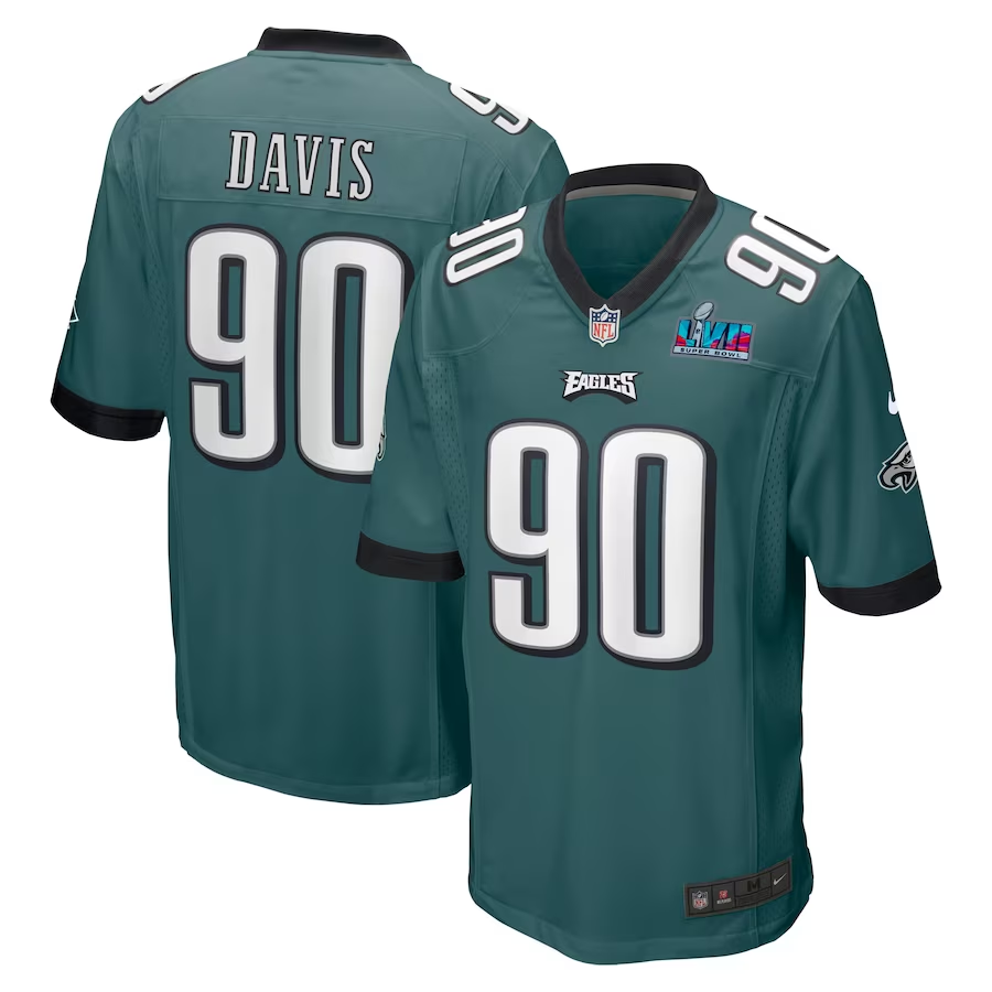Men's Philadelphia Eagles Jordan Davis #90 Midnight Green Super Bowl LVII Patch Game Jerseys