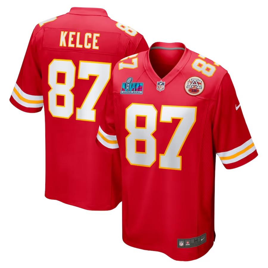 Men's Kansas City Chiefs Travis Kelce #87 Red Super Bowl LVII Patch Game Jerseys