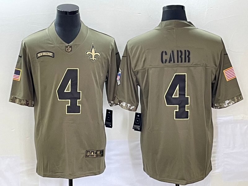Men's New Orleans Saints Derek Carr #4 Olive 2022 Salute To Service Retired Player Limited Jerseys
