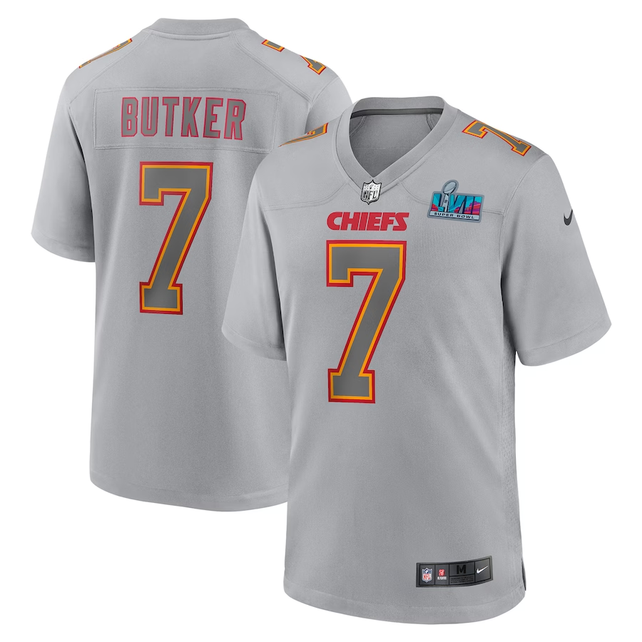 Men's Kansas City Chiefs Harrison Butker #7 Gray Super Bowl LVII Patch Atmosphere Fashion Game Jerseys