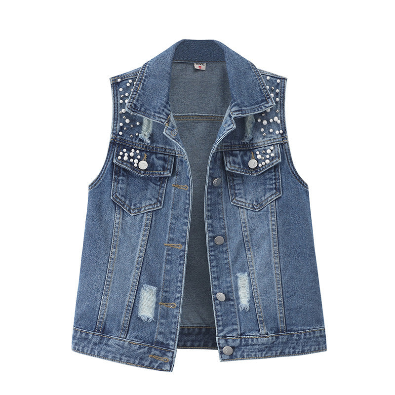 Fashionable Apparel Beaded Denim Vest Women Loose Fashion Ve