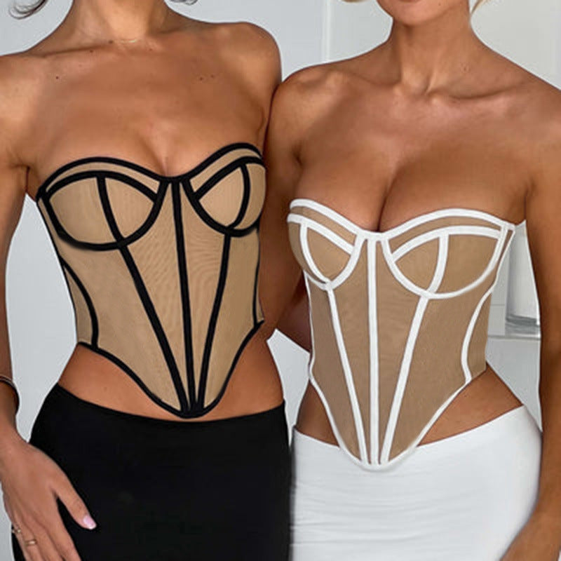 Fashionable Top Women's Tube Top Backless Design Lines Contrast