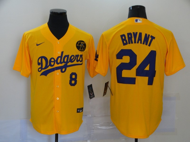 Men's Los Angeles Dodgers Kobe Bryant #8-24 Yellow Replica Baseball Jerseys