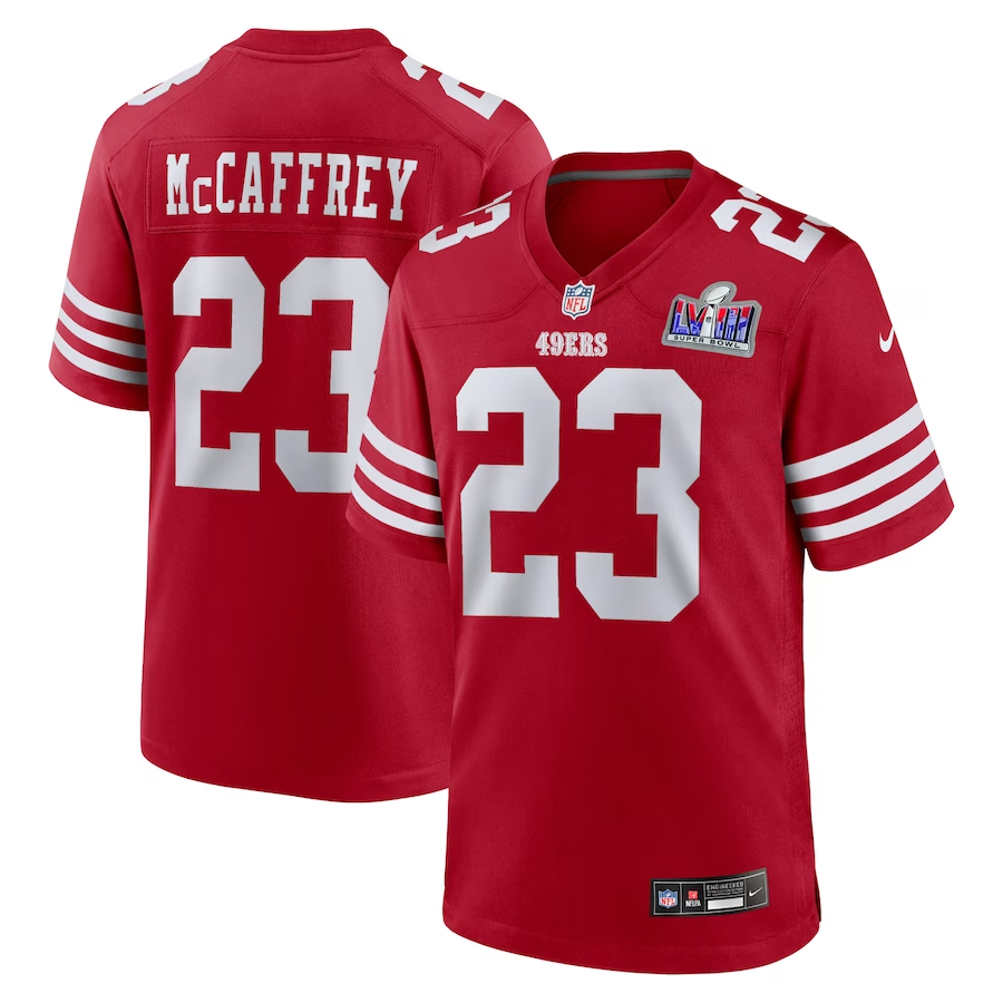 Men's San Francisco 49ers Christian McCaffrey #23 Scarlet Super Bowl LVIII Game Jerseys