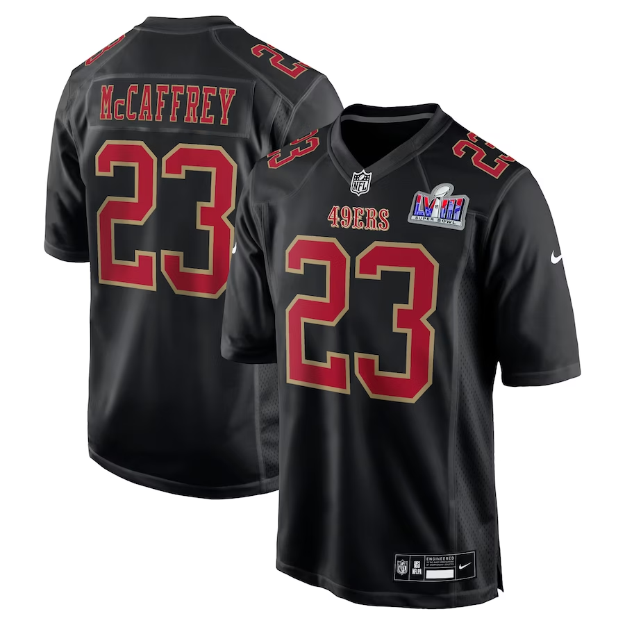 Men's San Francisco 49ers Christian McCaffrey #23 Black Super Bowl LVIII Carbon Fashion Game Player Jerseys