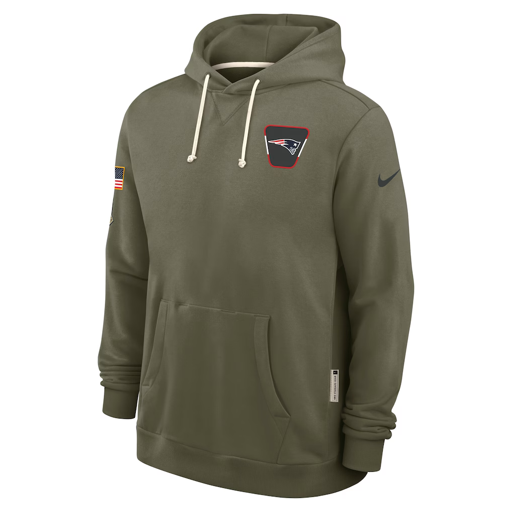 Men's New England Patriots Nike Olive 2025 Salute to Service Sideline Standard Issue Dri-FIT Hoodie