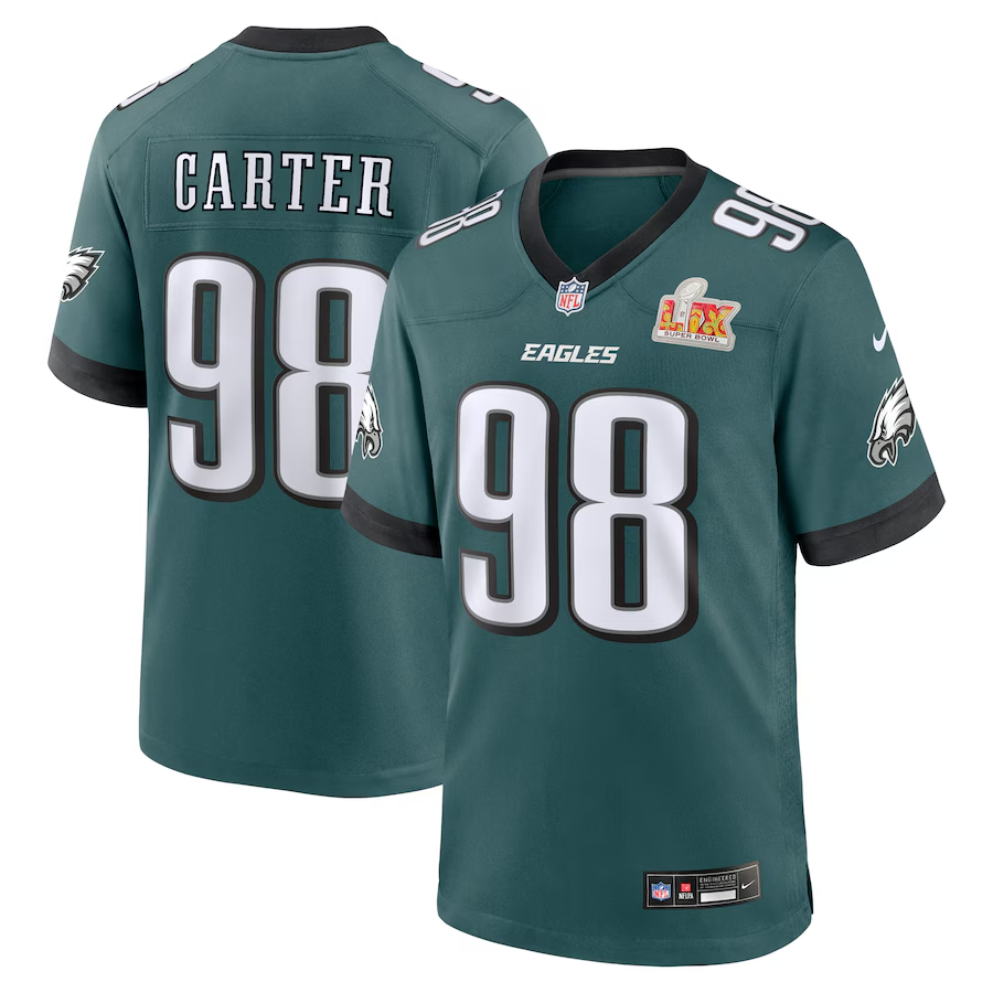 Men's Philadelphia Eagles Jalen Carter #98 Midnight Green Super Bowl LIX Game Player Jerseys