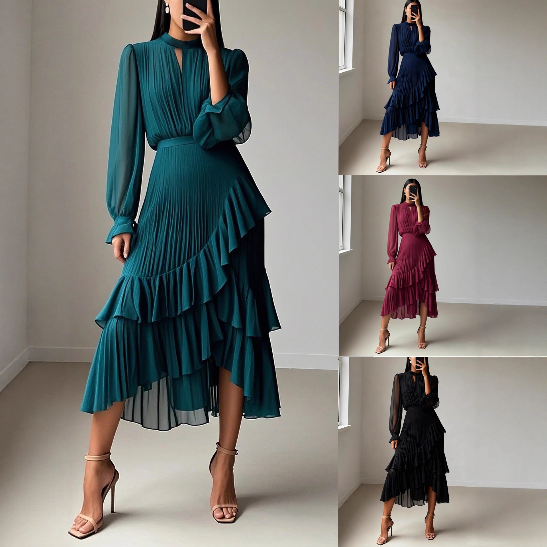 Vintage Dress Ruffled Pleated Midi Dress For Women