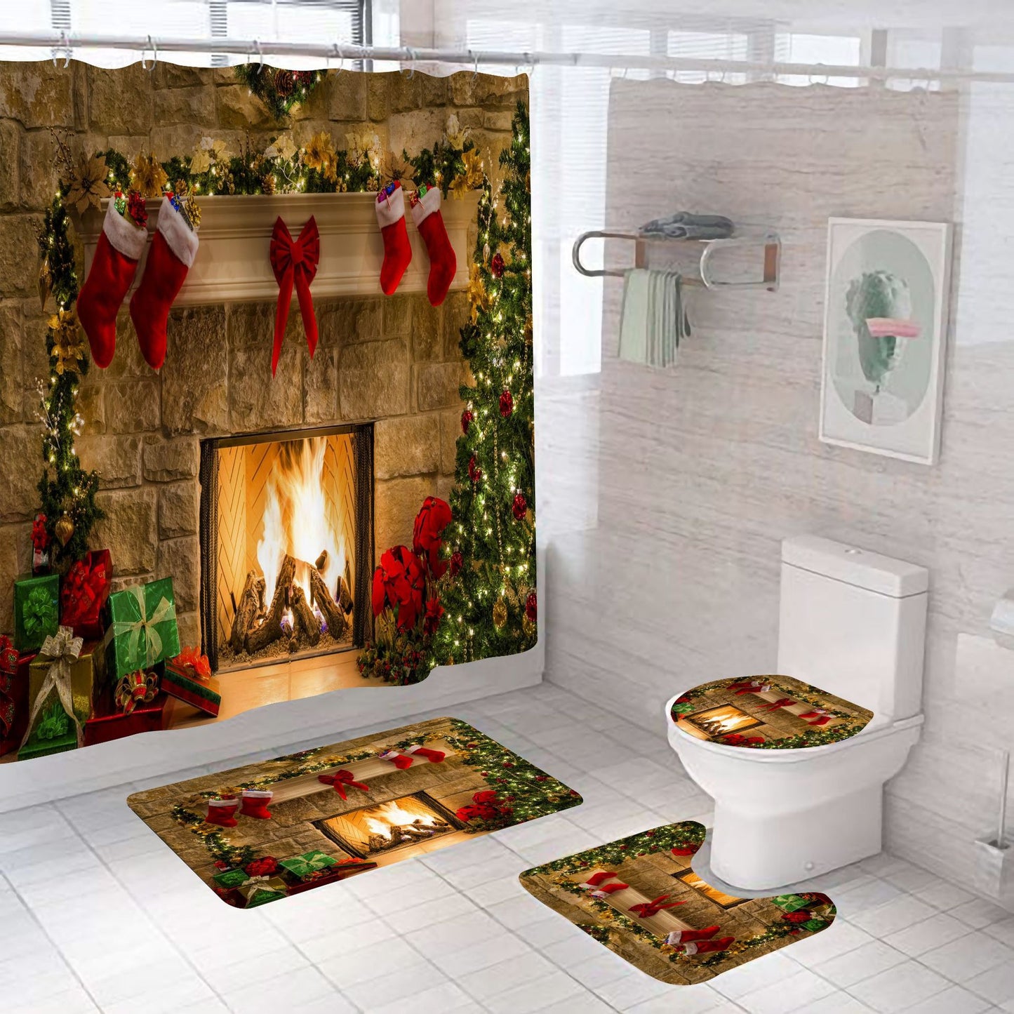 Christmas Fireplace Shower Curtain – Festive Bathroom Decor