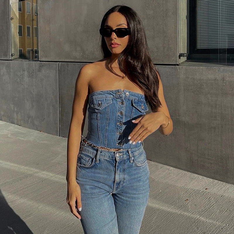 Chic Top Denim Button Tank-top Women