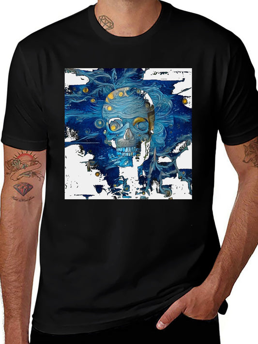 Artistic Skull Graphic T-Shirt - Dark Blue Print