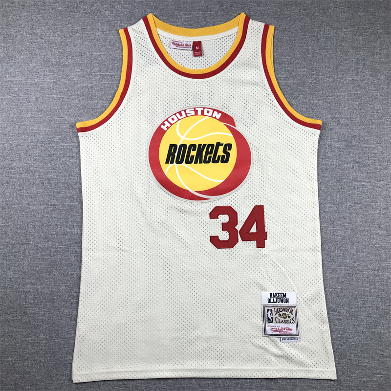 Men's Houston Rockets Hakeem Olajuwon #34 Cream Chainstitch Swingman Jerseys