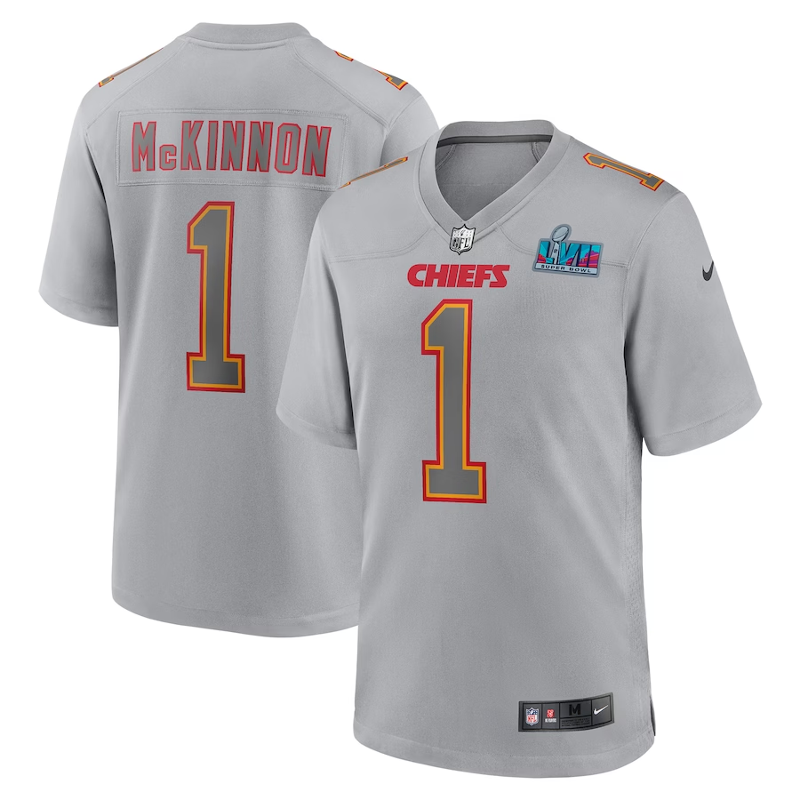 Men's Kansas City Chiefs Jerick McKinnon #1 Gray Super Bowl LVII Patch Atmosphere Fashion Game Jerseys