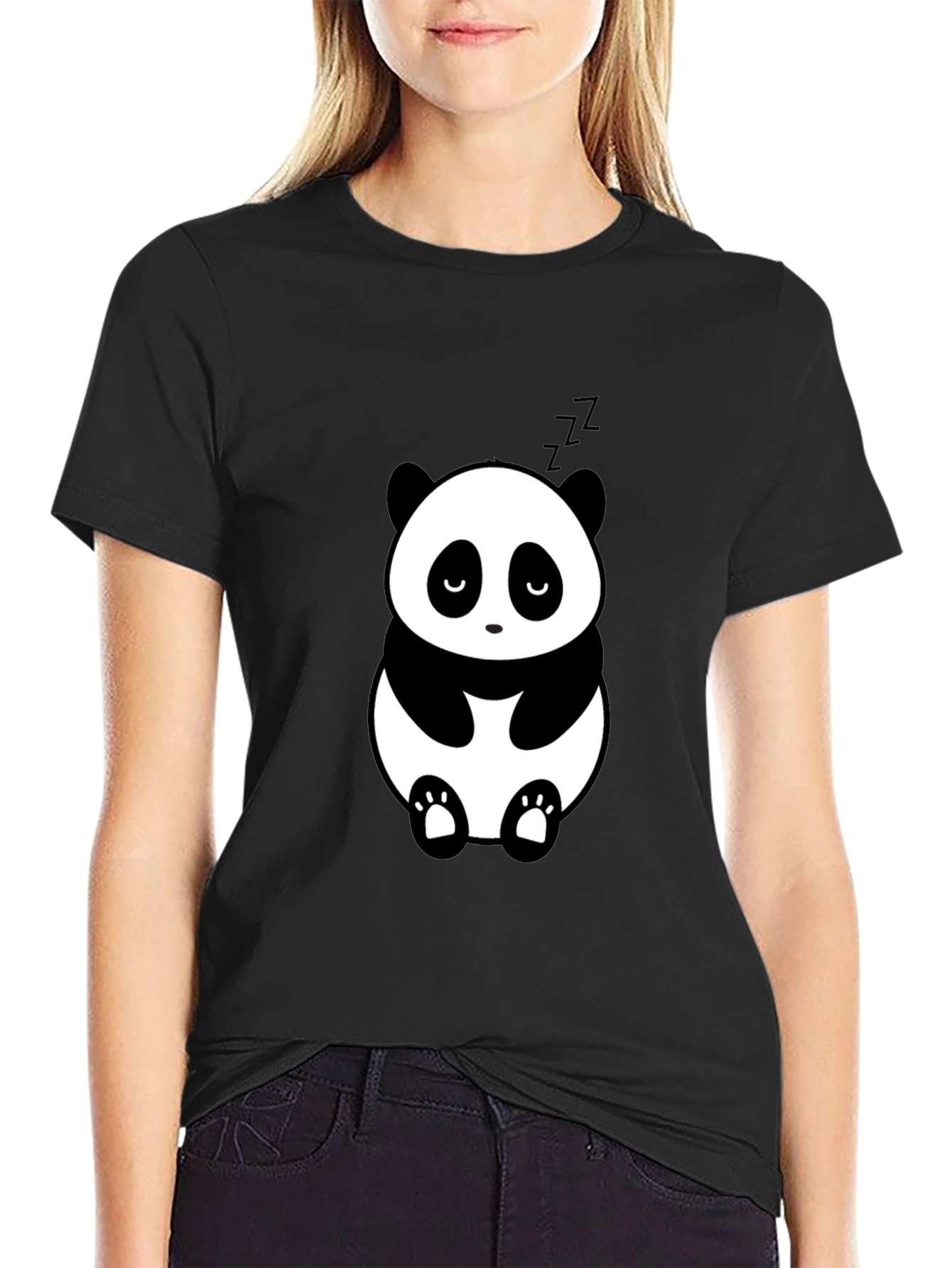 Cute Panda Graphic Tee - Black Relaxed Fit