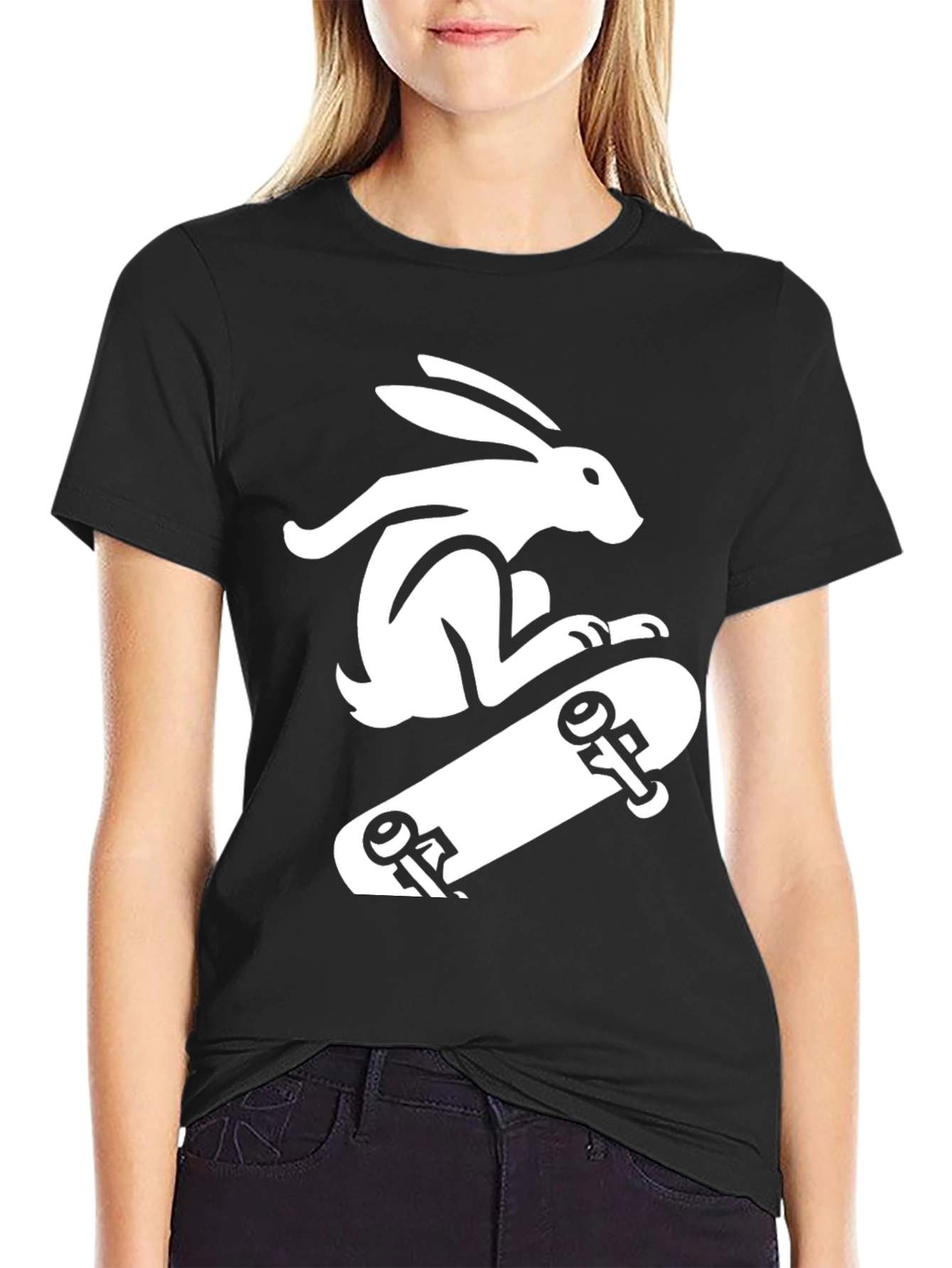 Rabbit Skateboarder Black T-Shirt