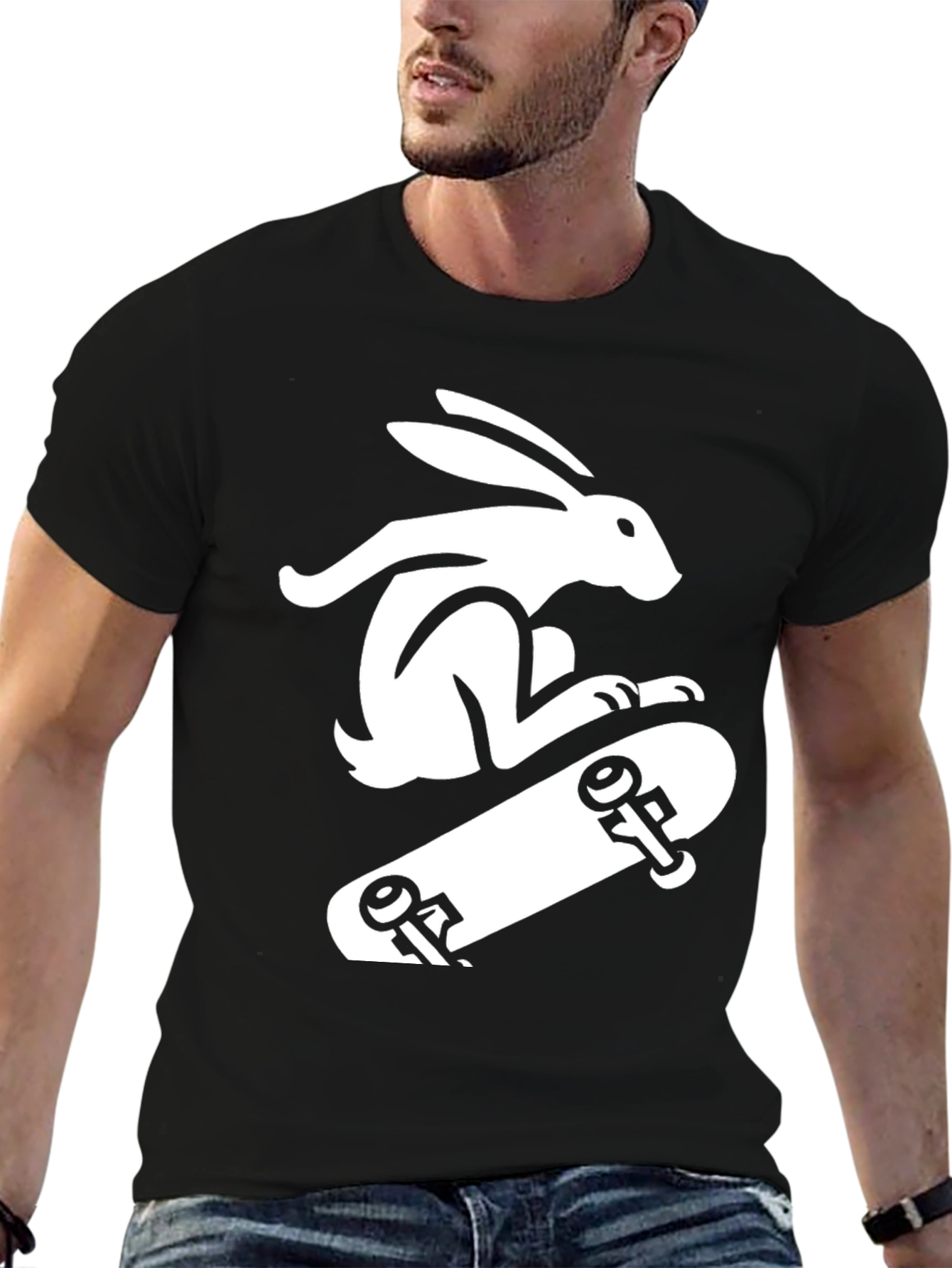 Rabbit Skateboarder Black T-Shirt