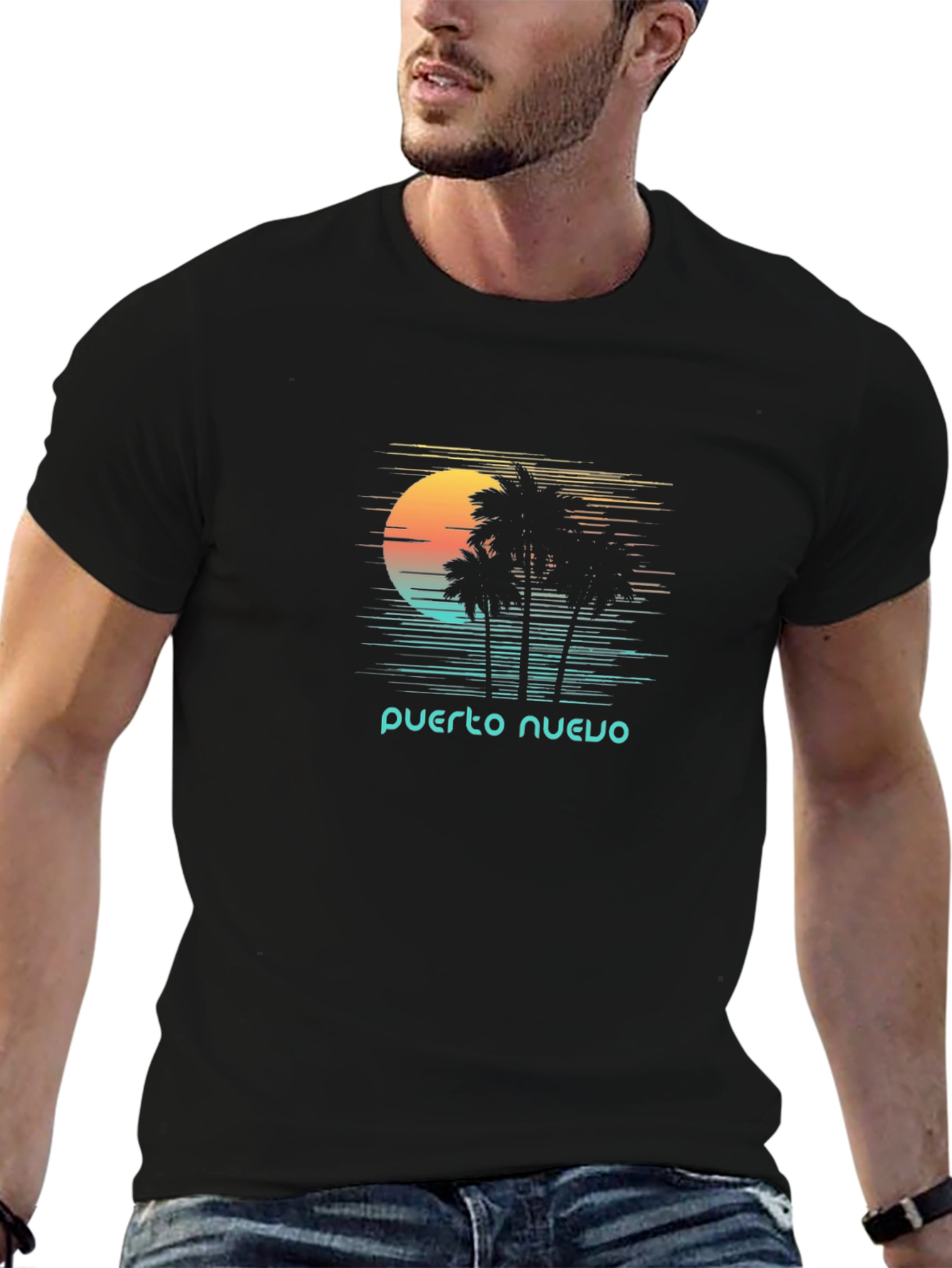 Puerto Nuevo Retro T-Shirt - Palm Tree Sunset Tee