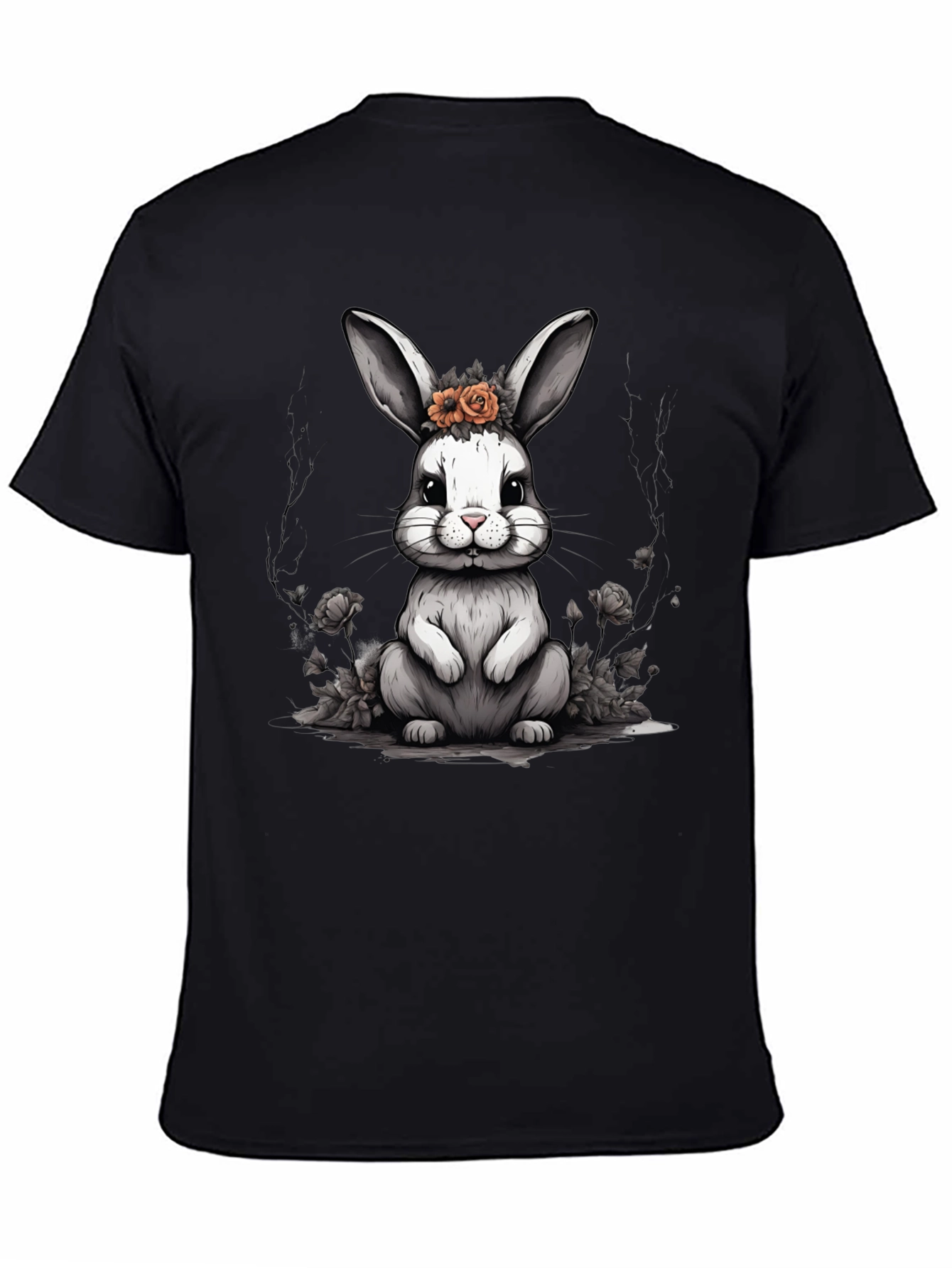 Cute Bunny Floral Crown Black T-Shirt