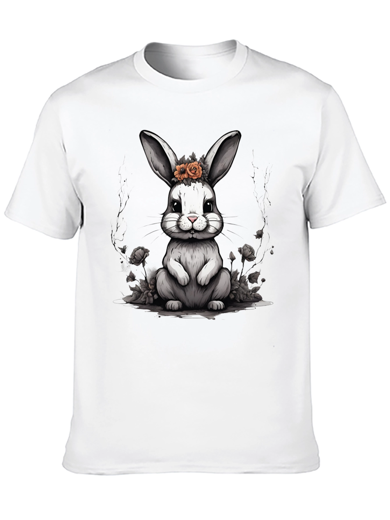 Cute Bunny Floral Crown Black T-Shirt