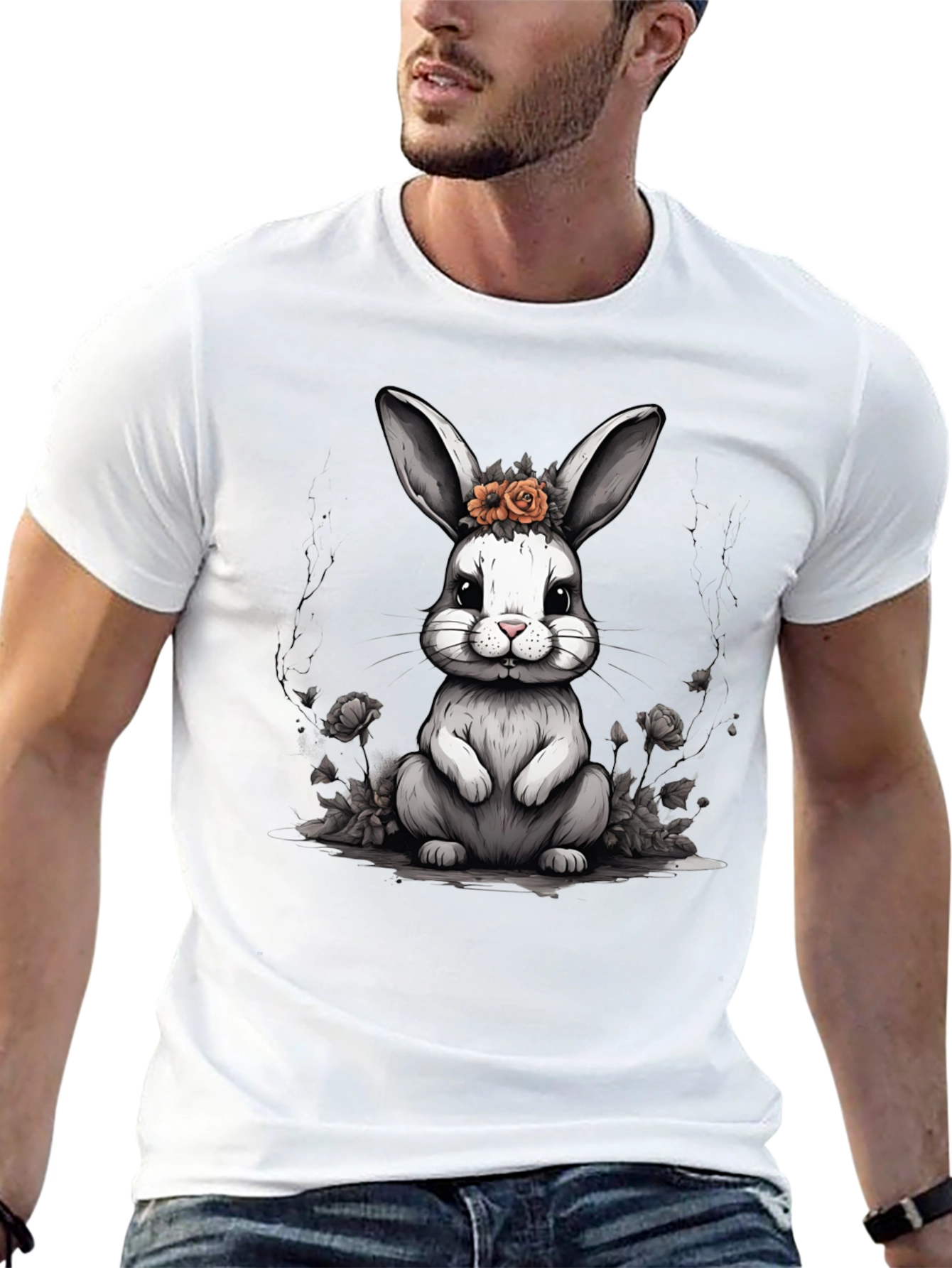 Cute Bunny Floral Crown Black T-Shirt