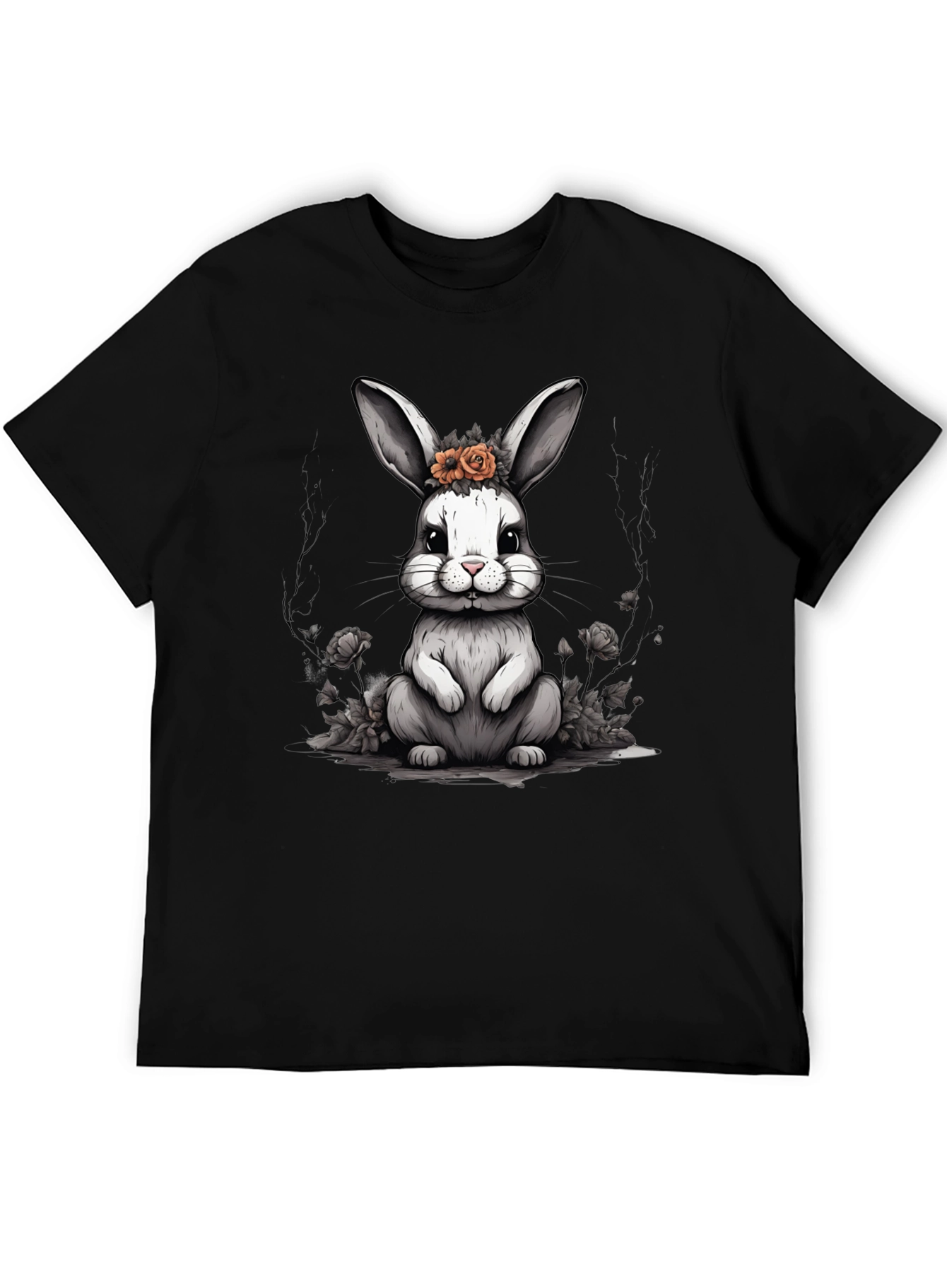 Cute Bunny Floral Crown Black T-Shirt