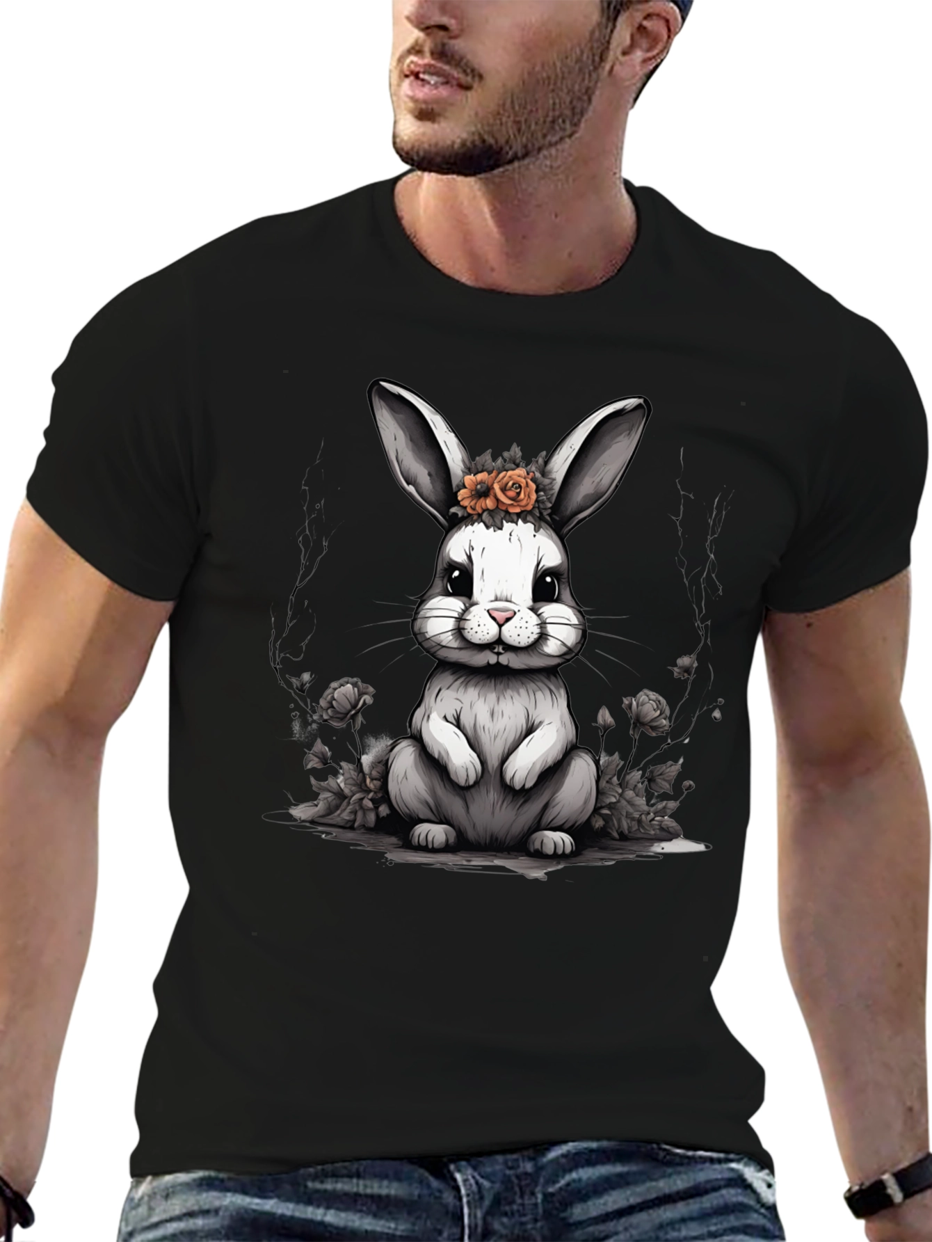 Cute Bunny Floral Crown Black T-Shirt