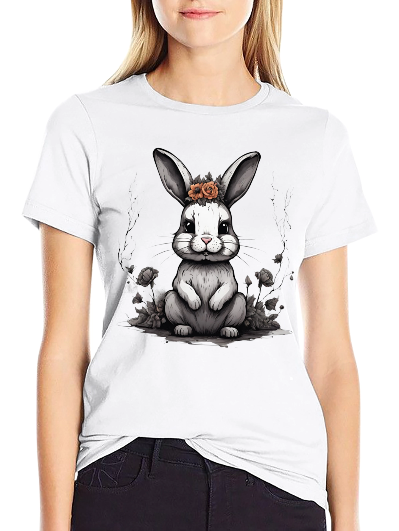 Cute Bunny Floral Crown Black T-Shirt